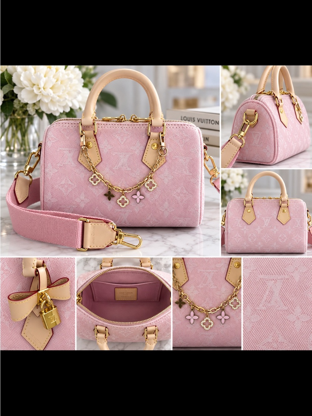 FASHION Pink Denim Satchel 20 with 2 straps and charms